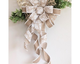 9x18-30in Spring/Summer Pretty Neutral Cream/White Tan/Beige Floral Wreath Bow Lantern Bow