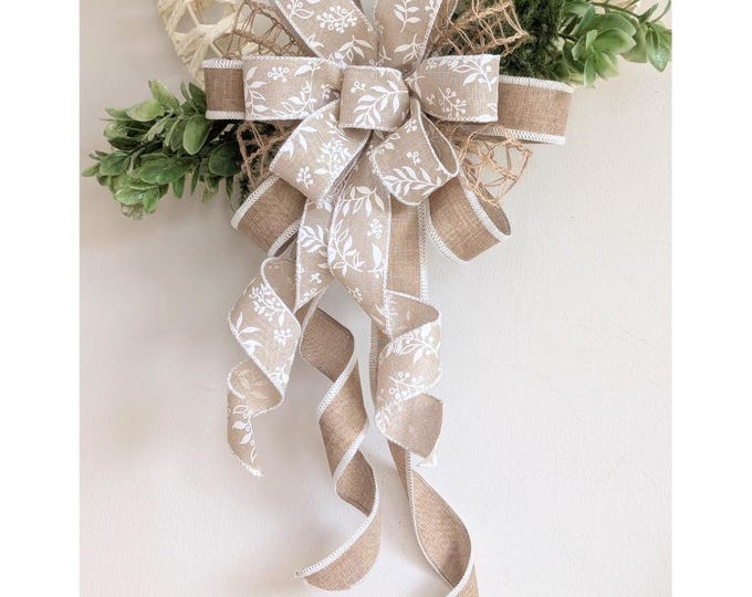 9x18-30in Spring/Summer Pretty Neutral Cream/White Tan/Beige Floral Wreath Bow Lantern Bow