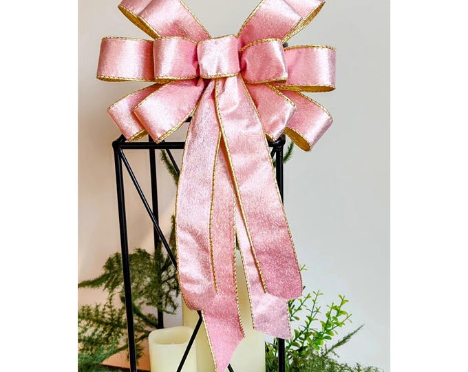 9X16in Pink and Gold Wired Bow - Fuzzy Pink with Metallic Gold lining. Free Shipping. Candy Christmas Whimsical
