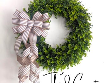 Tan/Beige + White Striped Linen Wired Ribbon Wreath Bow, Lantern Bow Neutral Chic Spring Decor