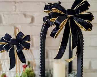 Black and Gold Velvet Christmas Bow: Wired Ribbon Holiday Decoration