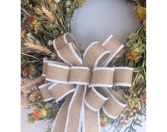 Linen Wired Wreath Bow: Natural Tan, Cream Stitching, Front Door Decor