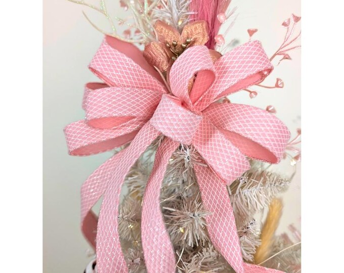 Pink Glitter Print Christmas Bow: Wired Tree Topper, Accent Bow Set