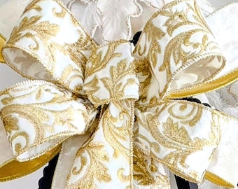 DeLUXE Ivory Velvet, Gold Embroidered Sequin Extra Large 12x16in Velvet Christmas / Holiday Bow with Wired Edges, and Free Shipping!