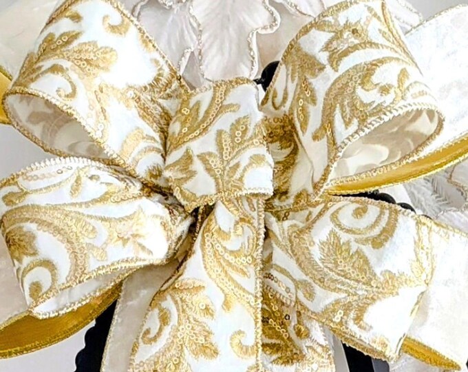 DeLUXE Ivory Velvet, Gold Embroidered Sequin Extra Large 12x16in Velvet Christmas / Holiday Bow with Wired Edges, and Free Shipping!