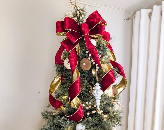 12in Wide Large/XL Red Crushed / Lustrous Velvet with Gold Lining Christmas Bow Wreath Tree Topper Christmas Decor