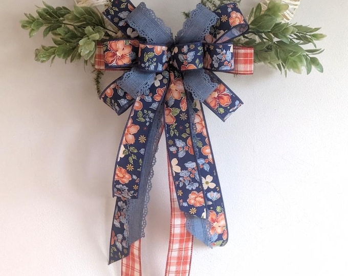 Blue Floral Wreath Bow: Denim, Plaid, Spring/Summer Decor (10x16in)