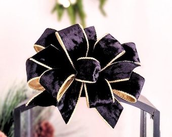 DeLUXE 8x8in Black Velvet Christmas / Holiday Bow with Gold Lining, Wired Edges, and Free Shipping!
