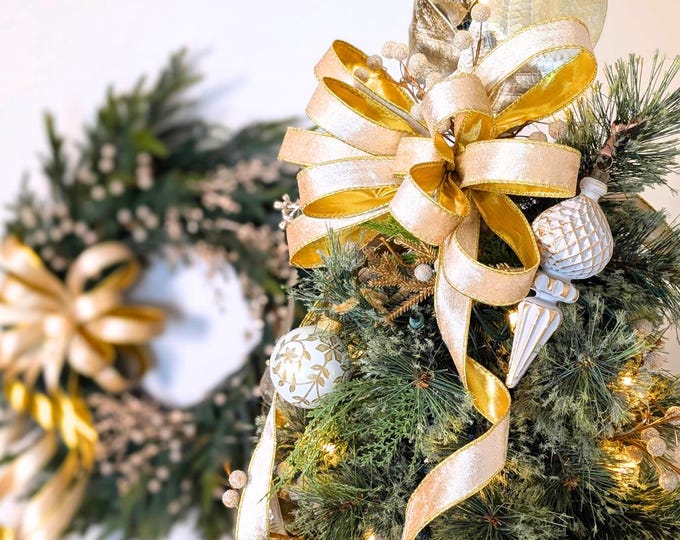 4 Sizes: Gold Tree Topper Bow. Wreath Bow, Lantern/Accent Bows Christmas Decorations