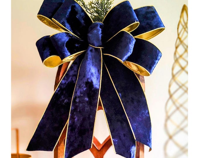 Extra Large / Jumbo DeLUXE Navy Velvet Bow with Gold Lining, Wired Edges, and Free Shipping!