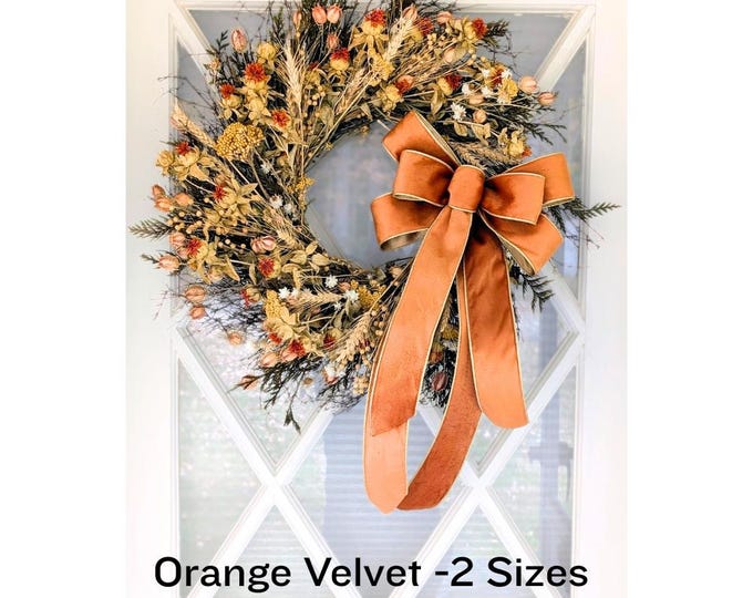 2 Sizes Pumpkin Orange and Gold Velvet Bow Fall / Autumn Thanksgiving Home Decor Wreath Bow, Lantern Bow