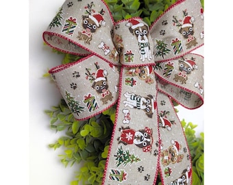 Dog Print Christmas Holiday Decorations Bows for Wreath/Lantern, or Gift Bow