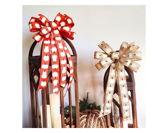 Fall Pumpkin Bow: Elegant Wired Ribbon, Orange or Beige - 9x16in