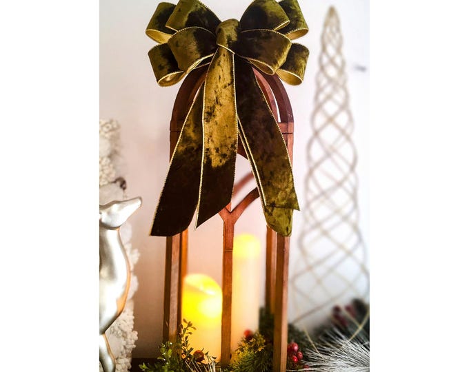 Extra Large DeLUXE 12x16-36in Olive/Dark Moss Green Velvet Christmas / Holiday Bow with Gold Lining, Wired Edges, and Free Shipping!