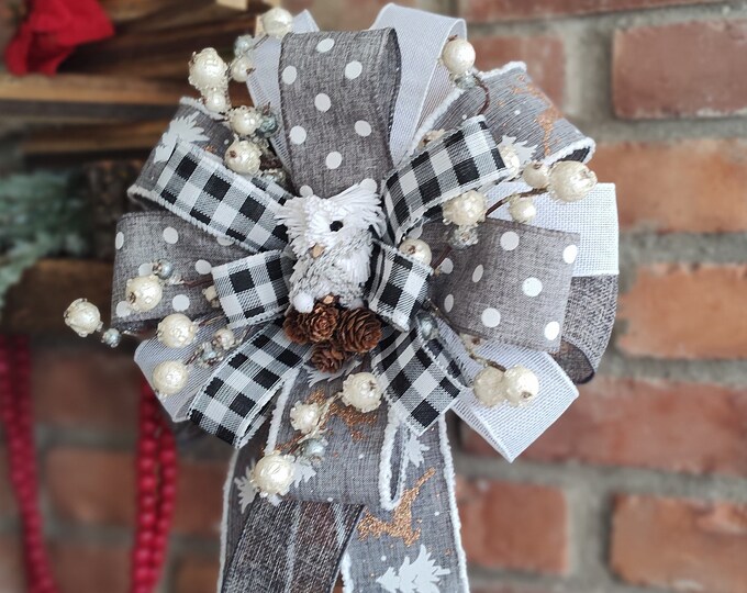 Christmas Holiday Gray Black and White Owl Premium Bow / Door Hanger Wreath Decoration