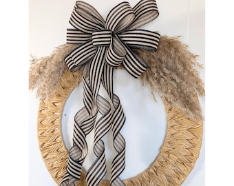 Striped Linen Wreath Bow, Beige and Black, Farmhouse Decor