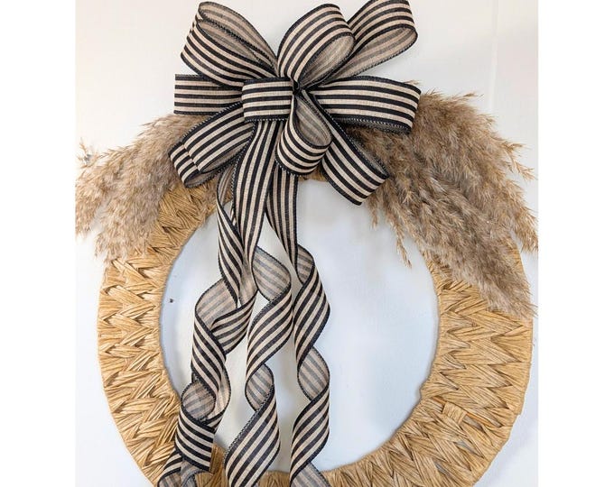 Striped Linen Wreath Bow, Beige and Black, Farmhouse Decor