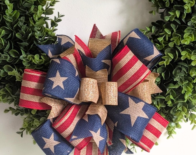 4th of July Wreath Bow Red/Blue/Gold 10x10in Large Round