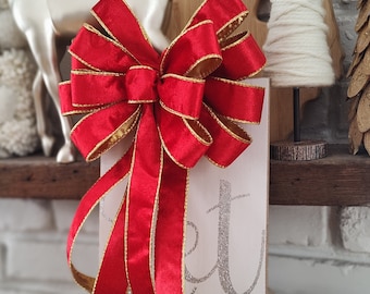 Red Velvet Christmas Bow, Wired Gold Ribbon, Holiday Decor
