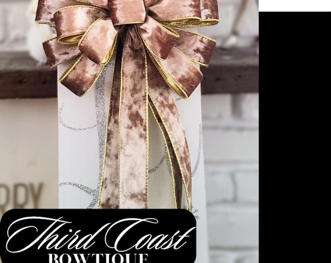 Velvet Christmas Bow, 10-Inch Taupe Wired Ribbon with Gold Edging
