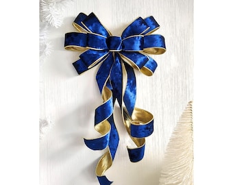 Large DeLUXE Sapphire Blue Velvet Bow with Gold Lining, Wired Edges Hanukkah, Christmas, Holidays, and Special Occasions w/ Free Shipping!