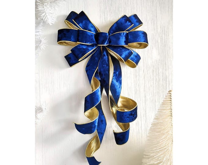 Large DeLUXE Sapphire Blue Velvet Bow with Gold Lining, Wired Edges Hanukkah, Christmas, Holidays, and Special Occasions w/ Free Shipping!