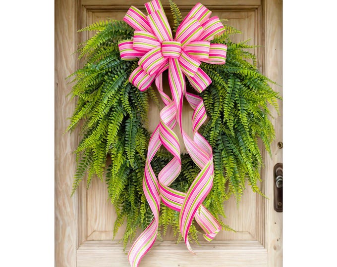 Striped Easter Wreath Bow, Basket Bow: Pink, Fuchsia, Lime Spring/Summer Decor
