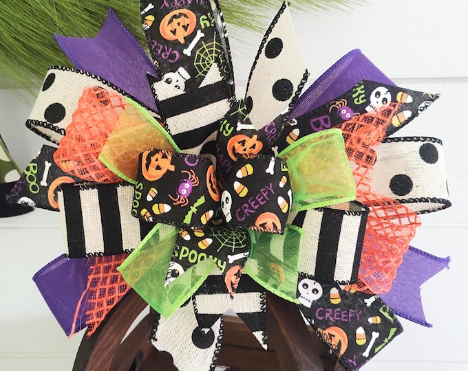 9X9in Multi-Ribbon Bright and Colorful Halloween Wreath Bow, Lantern Bow / Front Door Decoration FREE SHIPPING
