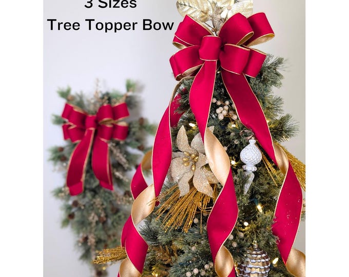 3 Lengths, 12in Wide Red Velvet Christmas Tree Topper, Wreath Bow, Decoration