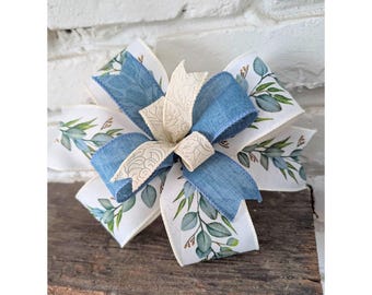 Blue and Cream Floral 8x8in Round Wreath Bow Spring Summer Farmhouse Wired Ribbons
