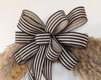 3 Choices Striped Linen Wired Ribbon Bow: Black & Tan/Khaki/Beige Neutral Earth Tones Modern Home Decor