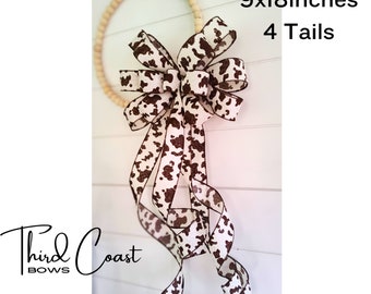 9x18in Large Cow Print Bow Shipped Fluffed and Ready to Hang Wreath Bow, Lantern Bow Home Decor for the Front Door! Farmhouse Country Style