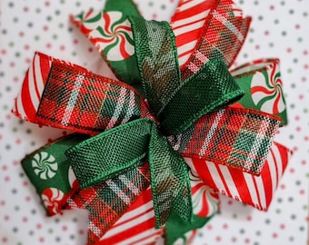 Handmade Christmas Bow: Peppermint, Plaid, and Candy Cane Wreath Bow (8x8)