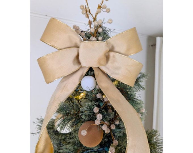 Beige/Tan with Gold Wired Edge Velvet Christmas Tree Topper Bow, 12in Wide