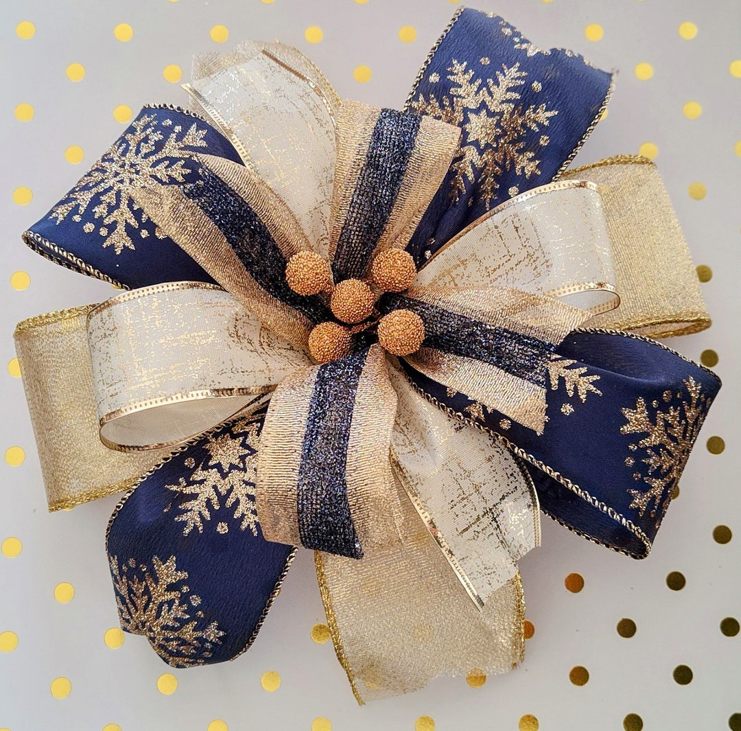 Blue Christmas Wreath Bow Navy, Gold Holly Berry Lantern Gift - Etsy