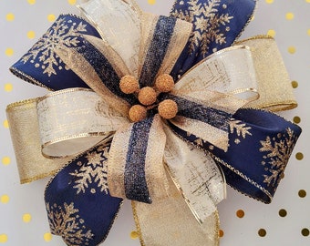 Blue Christmas Wreath Bow Navy, Gold Holly Berry Lantern Gift