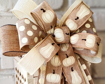 Large Fall Pumpkin Bow: Neutral Tan Beige Cream Wired Ribbon