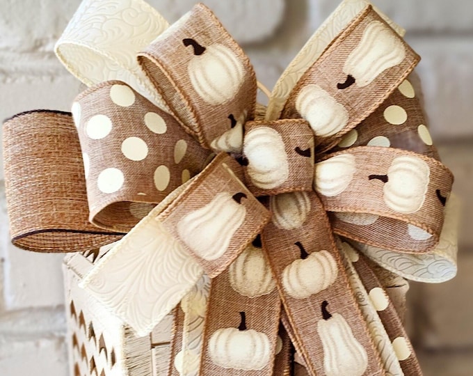 Large Fall Pumpkin Bow: Neutral Tan Beige Cream Wired Ribbon
