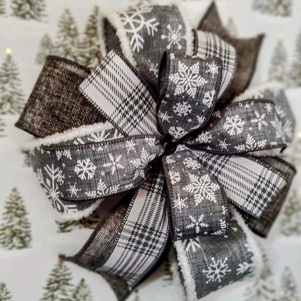 8x8 Gray and White Bow for Lantern Bow, Modern Christmas Gift Bow, Wreath Bow, Topper, Ready to Ship!