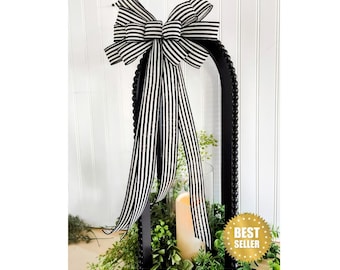 2 Sizes Black / White Striped Linen Wired Ribbon Wreath Bow, Lantern Bow, Front Door Front Porch Decoration