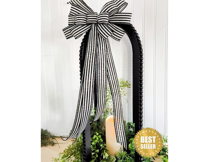 2 Sizes Black / White Striped Linen Wired Ribbon Wreath Bow, Lantern Bow, Front Door Front Porch Decoration