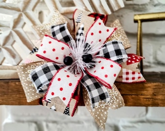 8x8 Modern Farmhouse Christmas Bow for Lantern Bow, Wreath Bow in Plaid, Polka Dots in Red,White, Black and Tan