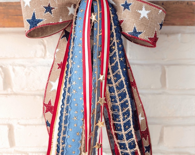 4th of July Patriotic Red White Blue Gold Wreath Bow