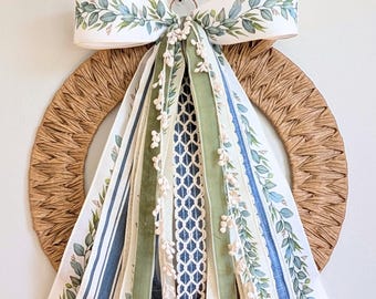 Sage, Blue and Cream Floral Print Ribbon Bundle Bow for Medium to Large Wreaths