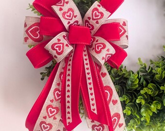 10x16in Valentine's Hearts Red Velvet Tan/Beige/Natural Wreath Bow Front Door Decor, Free Shipping