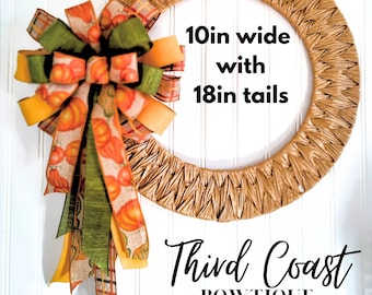 10x18 Large Fall Pumpkin Bow with and Olive, Orange, Tan/Beige, and Yellow, great for Wreath Bow, Door Hanger Bow, Lantern Bow-FREE SHIPPING