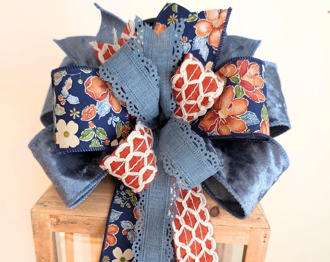 Spring Summer Wreath Bow Multi-ribbon Blue Floral