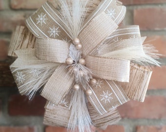 Farmhouse Christmas Bow, Beige & White Holiday Decor