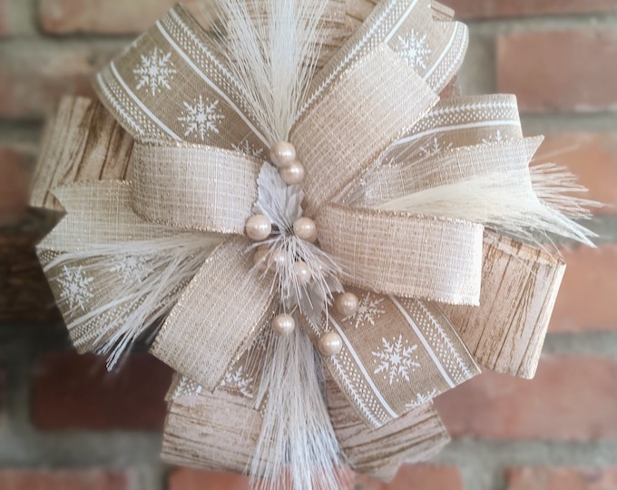 Neutrals Farmhouse Beige / White / Gold Holiday / Christmas Bow + options for 2yd (6ft) ribbon and Lights! Perfect for Lanterns, Wreaths