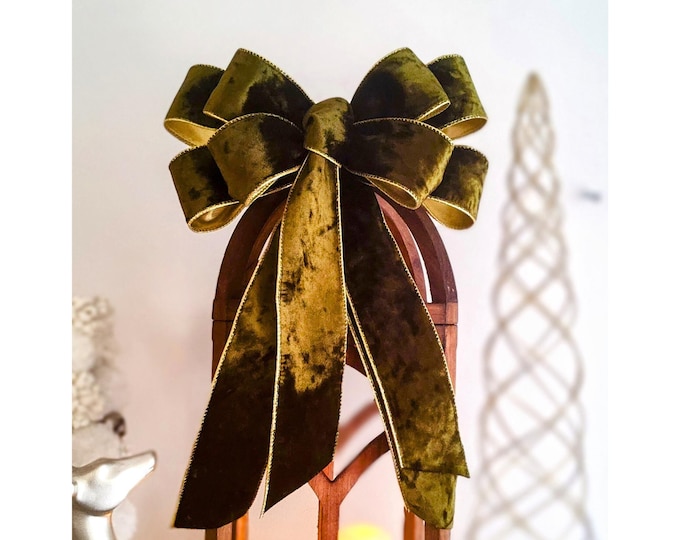 Velvet Tree Topper, 12-Inch Olive Green Wired Ribbon Bow
